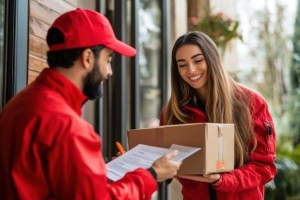 Delivery Person Handing Over a Parcel to a Customer
